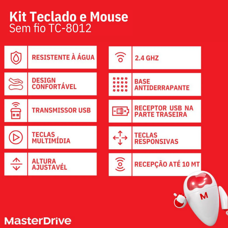 Kit Teclado + Mouse Sem Fio 2.4 GHz MasterDrive TC-8012