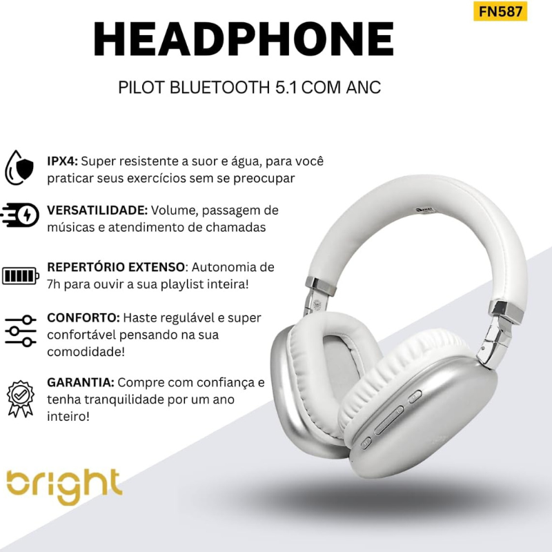 Fone Headphone Bluetooth 5.1 Bright, Com microfone integrado