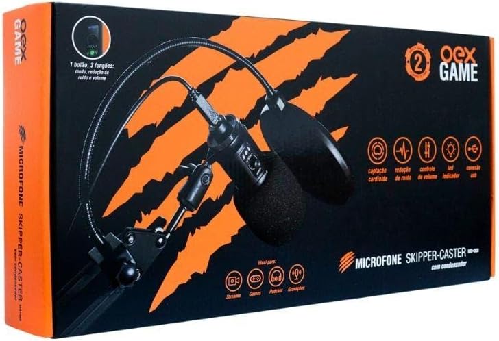 OEX GAME Microfone Gamer Profissional com Condensador e Braço Articulado Skipper Caster MG300